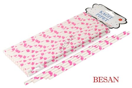 KAĞIT PİPET 20 CM - Ø6MM. BEYAZ ÜZERİNE FOSFORLU PEMBE KALP 24 ADET