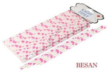 KAĞIT PİPET 20 CM - Ø6MM. BEYAZ ÜZERİNE FOSFORLU PEMBE KALP 25 ADET