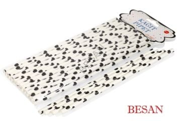 KAĞIT PİPET 20 CM - Ø6MM. BEYAZ ÜZERİNE SİYAH KALP / 25 ADET