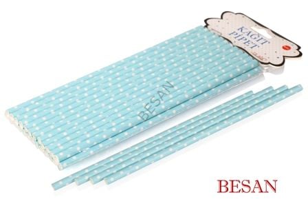 KAĞIT PİPET 20 CM - Ø6MM. MAVİ ÜZERİNE BEYAZ PUANTİYE / 25 ADET
