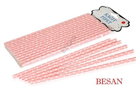 KAĞIT PİPET 20 CM - Ø6MM. PEMBE ÜZERİNE BEYAZ PUANTİYE / 24 ADET