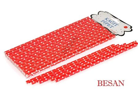 KAĞIT PİPET 20 CM - Ø6MM. KIRMIZI ÜZERİNE BEYAZ PUANTİYE / 24 ADET