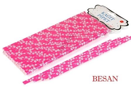 KAĞIT PİPET 20 CM - Ø6MM. FUŞYA ÇİÇEK DESEN 24 ADET