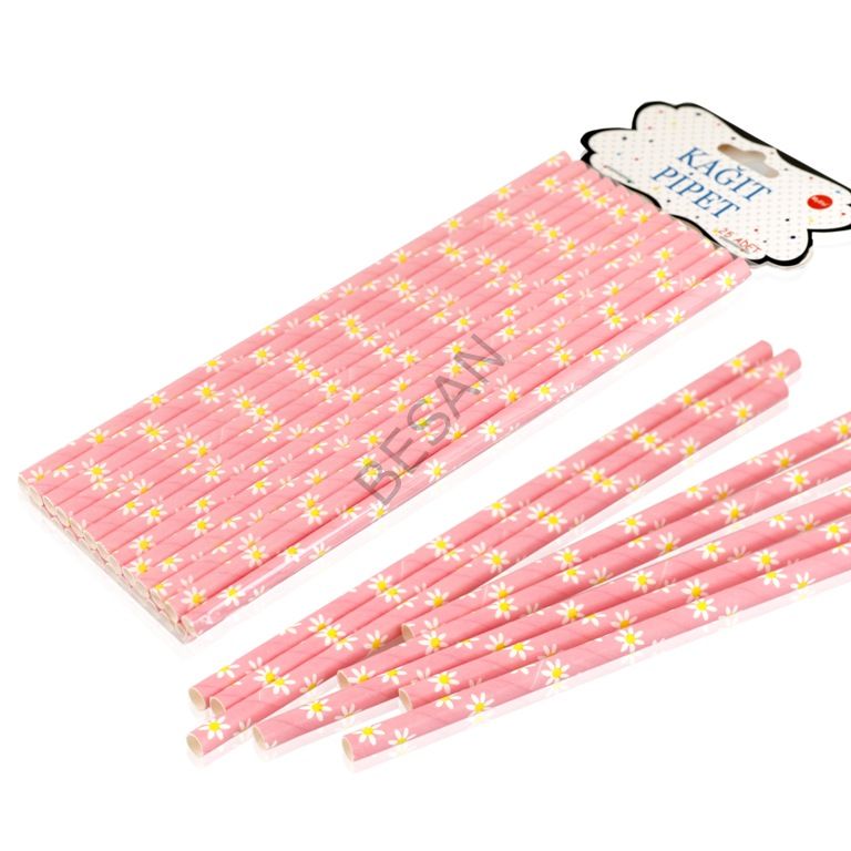 KAĞIT PİPET 20 CM - Ø6MM. PEMBE ÇİÇEK / 25 ADET