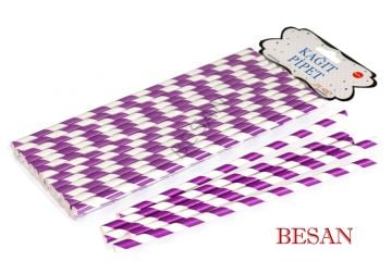 KAĞIT PİPET UZUN 26 CM - Ø6MM. MOR-BEYAZ SPİRAL / 25 ADET