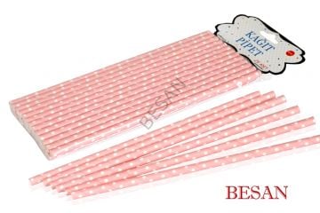 KAĞIT PİPET UZUN 26 CM - Ø6MM. PEMBE ÜZERİNE BEYAZ PUANTİYE / 25 ADET