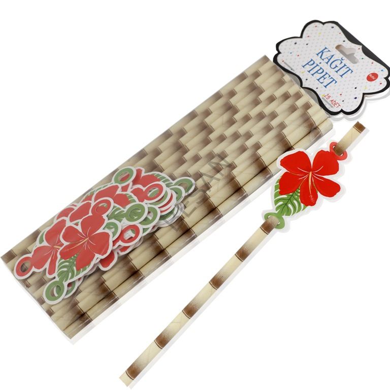 SÜSLÜ KAĞIT PİPET 20CM - KIRMIZI ÇİÇEK - 25 ADET