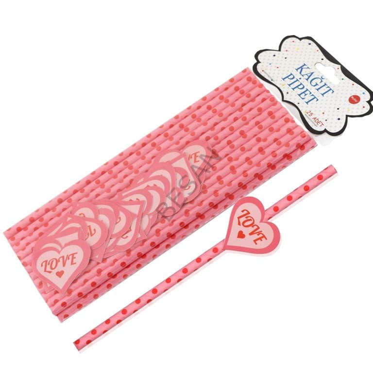 SÜSLÜ KAĞIT PİPET 20CM - LOVE KALP - 25 ADET